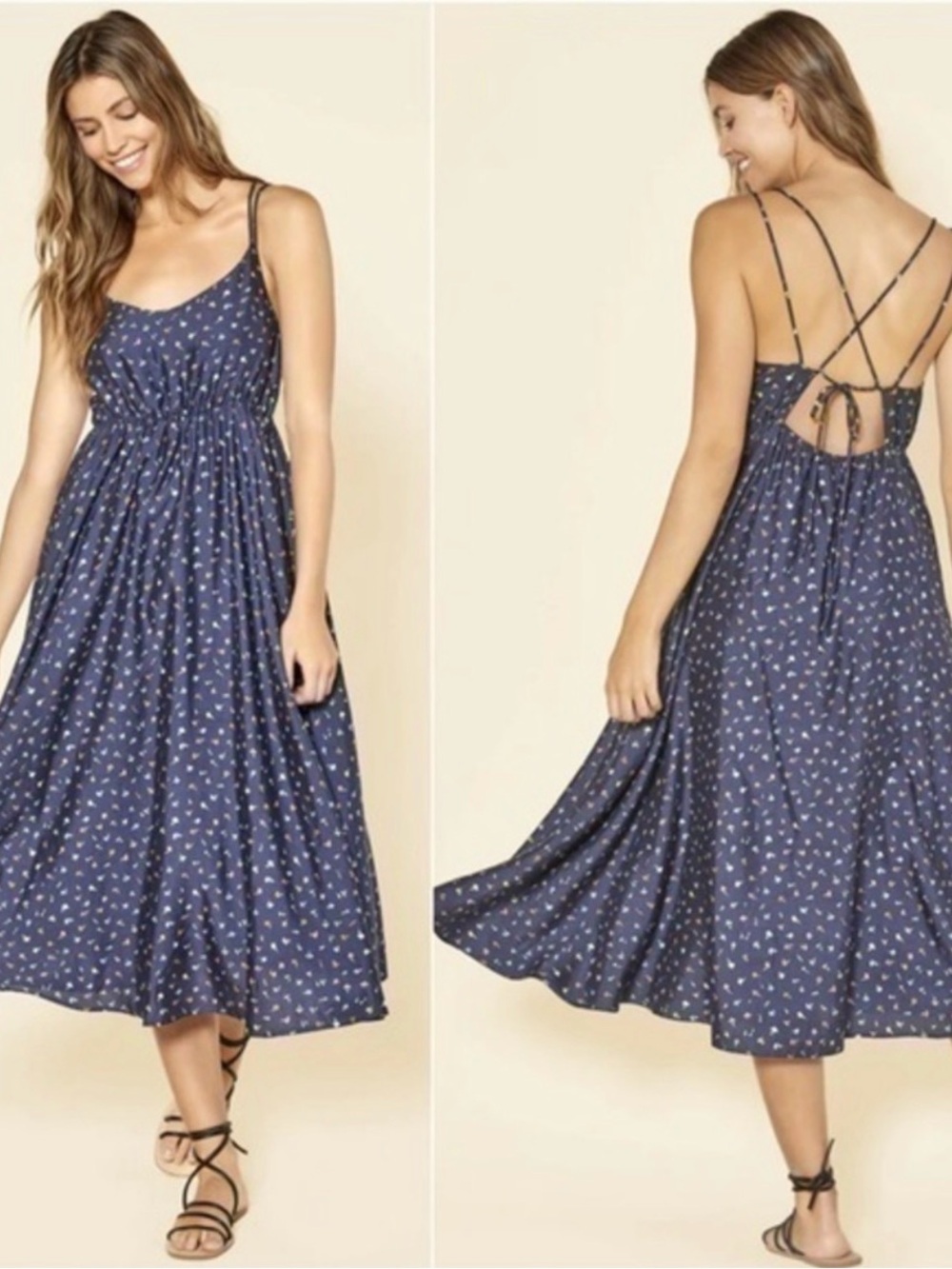 Outerknown Navy Floral Midi Dress with Crisscross Back